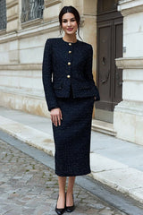 Black 2 Piece Single Breasted Tweed Interview Outfits with Slit
