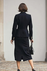 Black Two Piece Notched Lapel Pencil Midi Business Suits