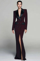 Burgundy Peak Lapel Double Breasted Long Blazer Dress with Slit