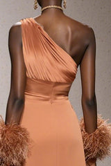 Orange One Shoulder Satin Mermaid Long Formal Dress with Feathers
