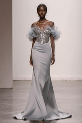 Sparkly Silver Off the Shoulder Satin Mermaid Long Pageant Dress with Sequins