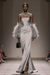 Silver Satin Mermaid Strapless Long Formal Dress with Slit