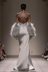 Silver Satin Mermaid Strapless Long Formal Dress with Slit