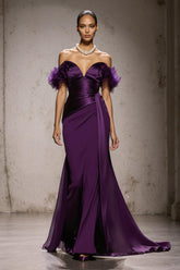 Purple Satin Off the Shoulder Mermaid Long Formal Dress with Feathers
