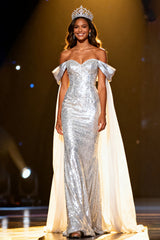 Sparkly Silver Off the Shoulder Sequin Long Pageant Dress with Cape