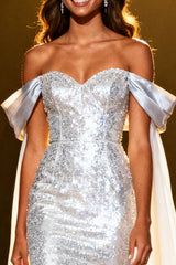 Sparkly Silver Off the Shoulder Sequin Long Pageant Dress with Cape