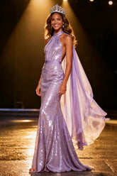 Sparkly Light Purple Sequin Halter Mermaid Long Pageant Dress