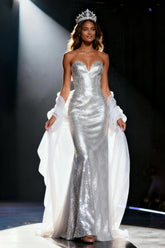 Sparkly Silver Mermaid Sweetheart Sequin Long Pageant Dress with Shawl