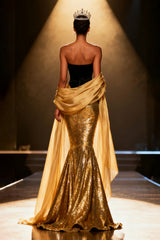 Sparkly Gold Mermaid Strapless Long Pageant Dress with Shawl