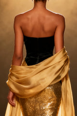 Sparkly Gold Mermaid Strapless Long Pageant Dress with Shawl
