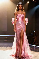 Sparkly Light Pink Sequin Mermaid Long Pageant Dress with Bow