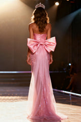 Sparkly Light Pink Sequin Mermaid Long Pageant Dress with Bow