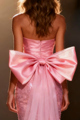 Sparkly Light Pink Sequin Mermaid Long Pageant Dress with Bow