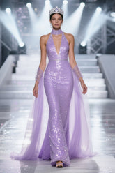 Sparkly Light Purple Sequins V-Neck Mermaid Long Pageant Dress