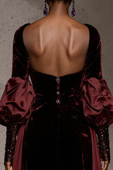 Burgundy Velvet Long Sleeves Formal Dress with Cape