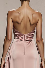 Simple Light Pink Satin Strapless Long Formal Dress with Slit