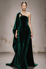 Dark Green Velvet Mermaid Long Formal Dress with Cape