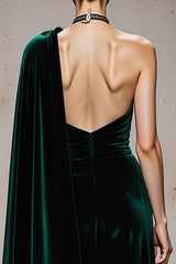 Dark Green Velvet Mermaid Long Formal Dress with Cape