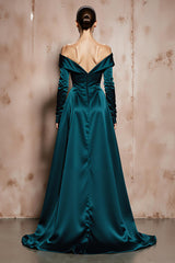 Dark Green Off the Shoulder A Line Long Satin Formal Dress with Sleeves