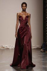 Simple Burgundy Satin Strapless Long Formal Dress