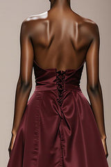 Simple Burgundy Satin Strapless Long Formal Dress
