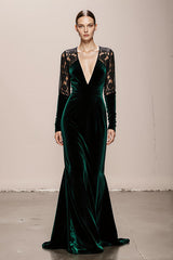 Dark Green V-Neck Velvet Mermaid Long Formal Dress with Lace