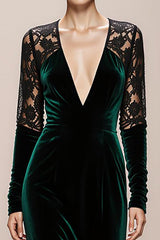Dark Green V-Neck Velvet Mermaid Long Formal Dress with Lace