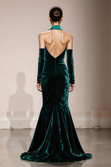 Dark Green Velvet Halter Mermaid Long Formal Dress with Slit