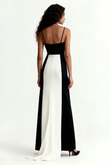 Black and White Patchwork Spaghetti Straps Long Formal Dress