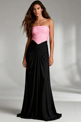 Black and Pink Strapless Satin Ruched Long Formal Dress