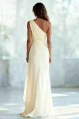 Ivory Ruched Chiffon Sheath One Shoulder Long Formal Dress