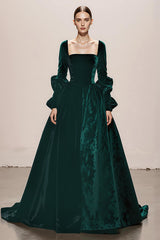 Dark Green Velvet Ball Gown Square Neck Long Holiday Party Dress