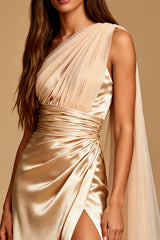 Champagne Satin Mermaid One Shoulder Ruched Long Formal Dress with Slit