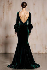 Dark Green Velvet Mermaid V-Neck Long Sleeves Holiday Party Dress