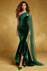 Dark Green Velvet Mermaid Ruffled Long Holiday Party Dress with Cape