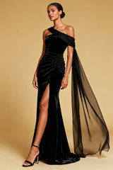 Black Mermaid One Shoulder Long Formal Dress with Slit