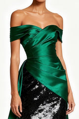 Sparkly Dark Green Off the Shoulder Long Formal Dress