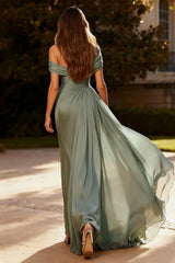 Dusty Sage Chiffon A Line Ruched Long Formal Dress with Side Cape