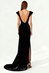 Simple Black Mermaid Ruched Long Formal Dress with Slit