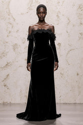 Black Velvet Off the Shoulder Sheath Long Sleeves Holiday Party Dress with Lace