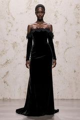 Black Velvet Off the Shoulder Sheath Long Sleeves Holiday Party Dress with Lace