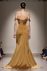 Yellow Satin Mermaid Off the Shoulder Ruched Long Formal Dress