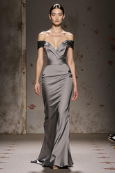 Silver Satin Mermaid Off the Shoulder Long Formal Dress