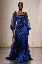 Royal Blue Mermaid Satin Ruched Long Sleeves Formal Dress with Sash