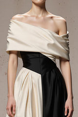 Black and White Satin A Line Off the Shoulder Patchwork Long Formal Dress