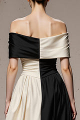 Black and White Satin A Line Off the Shoulder Patchwork Long Formal Dress