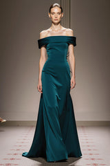 Peacock Blue Sheath Satin Off the Shoulder Long Formal Dress