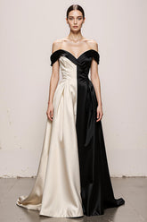 Black and White A Line Sweetheart Satin Off the Shoulder Long Formal Dress