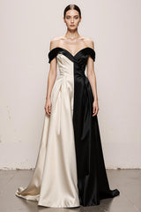 Black and White A Line Sweetheart Satin Off the Shoulder Long Formal Dress