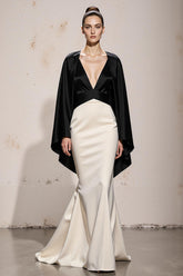 Black and White Mermaid Patchwork Satin V-Neck Long Formal Dress with Sleeves